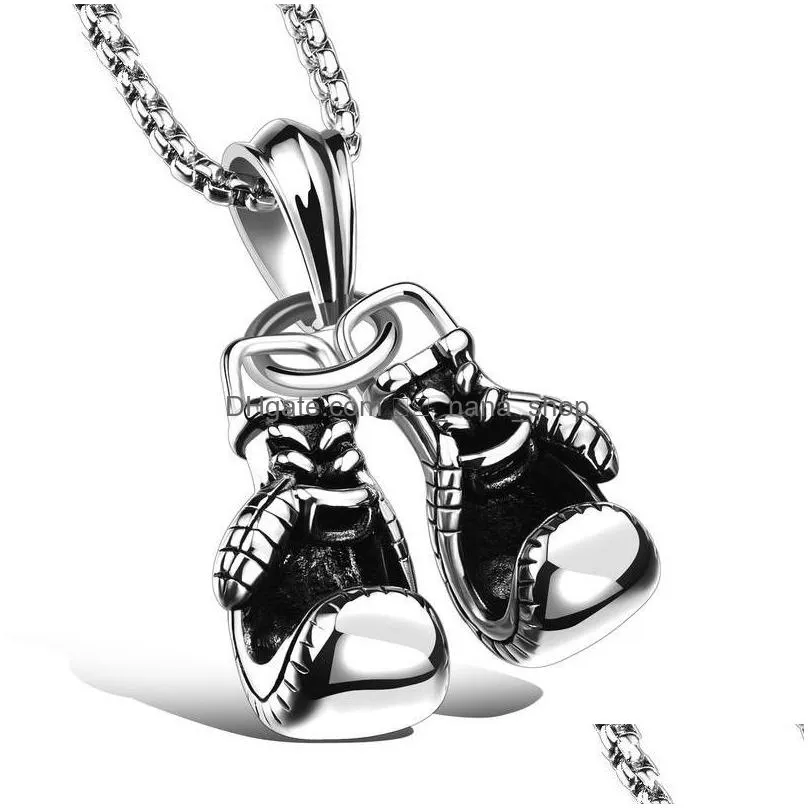 Pendant Necklaces Retro Fitness Boxing Gloves Titanium Steel Necklace Lettering Domineering Fashion Punk Pendant Gold Black Pendant289 Dh3Ry