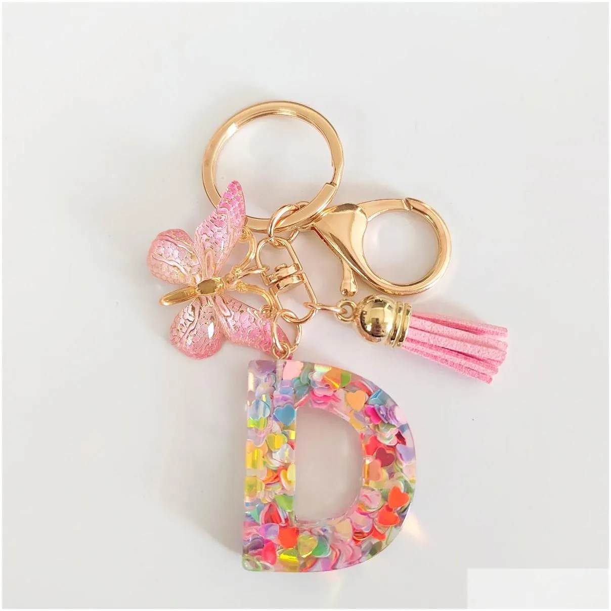 Key Rings Initial Pink Letter Keychains For Girls Women Cute Butterfly Heart Keychain Backpack School Bag Drop Delivery Jewelry Dhl82