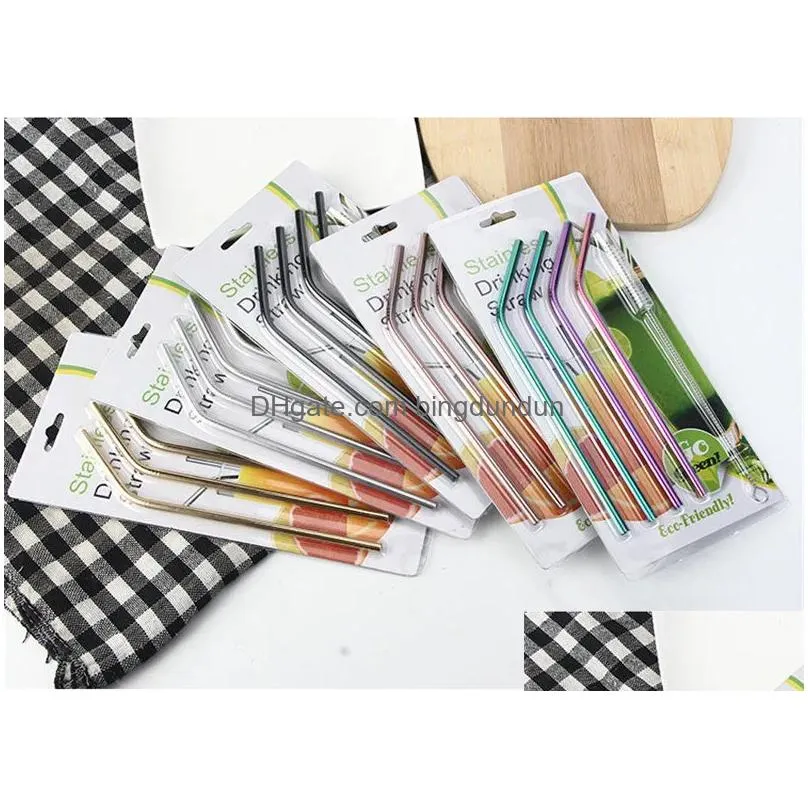 Drinking Straws 100Set/Lot Color Stainless Steel St Set Mirror Polished Sucker Beverages Curved Drinks 4 And 1 Drop Delivery Home Gard Dhaqy