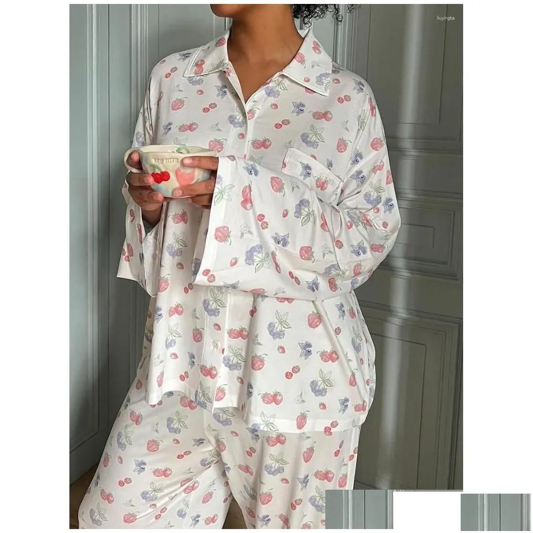 womens sleepwear womens sleepwear 2 piece printed pajama set for women cute stberry floral fruit pattern shirt pants button up outfit