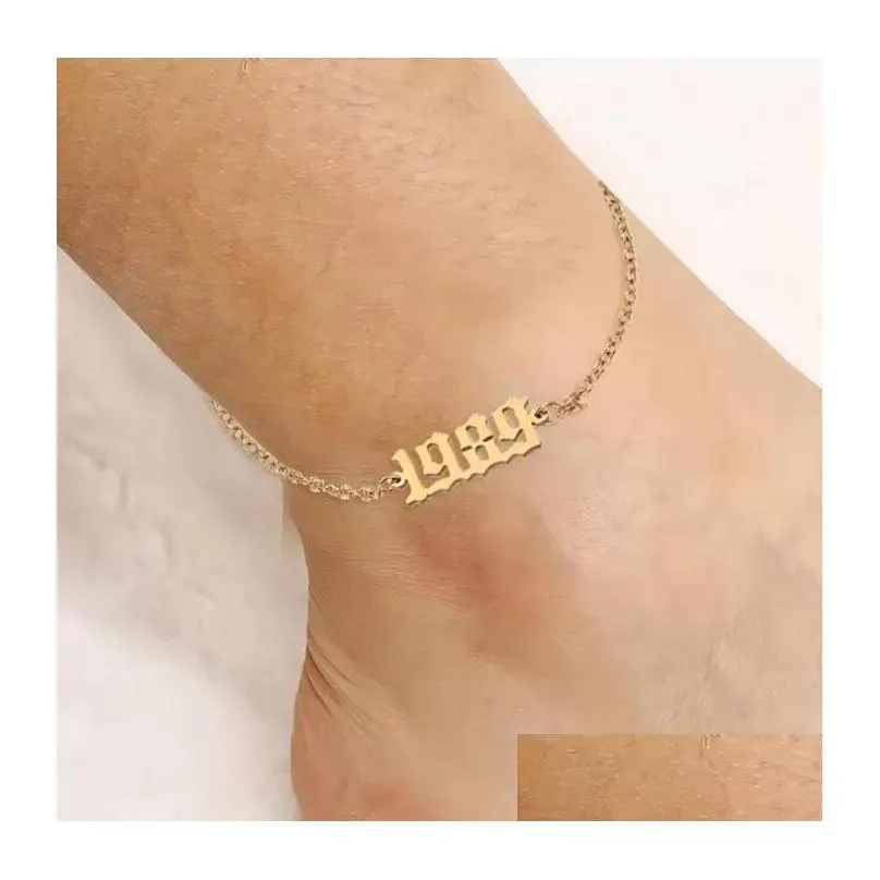 Birth Year Number Anklet Gold Sier Ankle Bracelets For Women 1980-2000 Stainless Steel Adjustable Summer Foot Chain Jewelry Anniversa Otpcg
