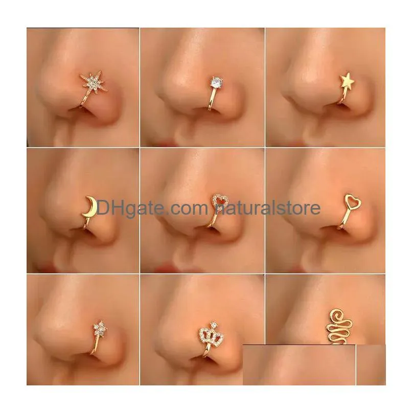Nose Rings & Studs Mti-Style Fake Nose Rings Heart Moon Flower Copper Ring For Women Non Piercing Gold Plated Clip On Cuff Stud Drop Dhyoq
