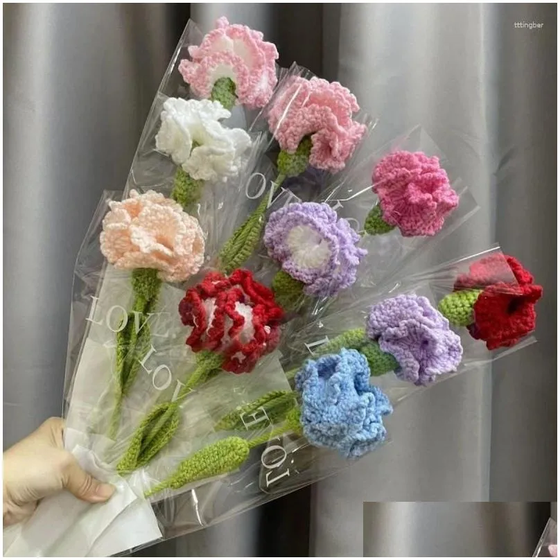 decorative flowers carnations crochet bouquet artificial wedding for bride party decor mother`s day valentine`s gifts