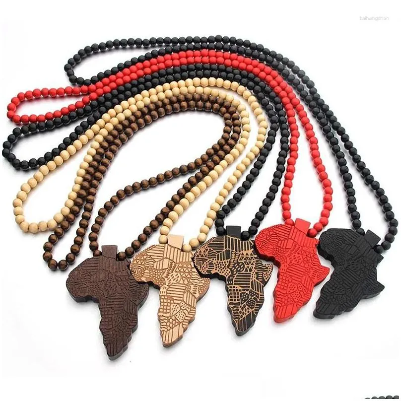 Pendant Necklaces African Map Wooden Hiphop Women Man Necklace Ethnic Style Beads String Chains Engraved Jewelry Men Gift Drop Delive Dhsu5
