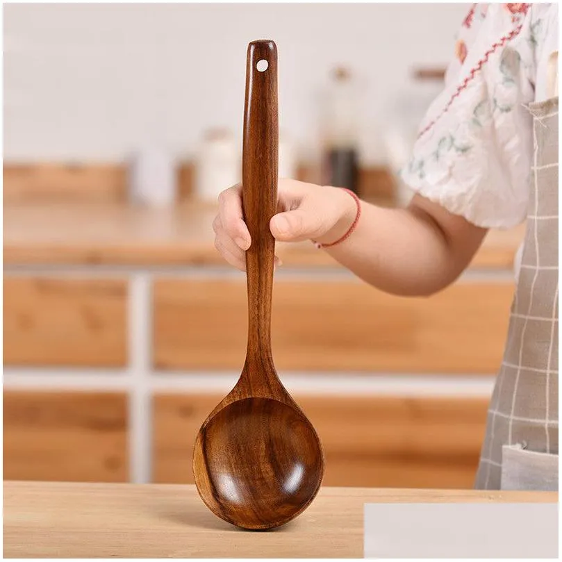 Spoons Japanese Spoon Teakwood Wooden Tableware Soup Frying Rice Seasoning Spoons Long Handle Colander Pot Drop Delivery Home Garden K Dhyqk