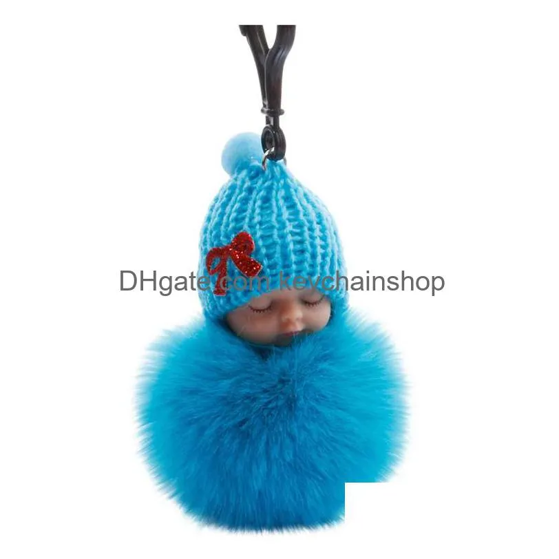 New Cute Slee Baby Doll Keychains For Women Bag Toy Key Ring Fluffy Pom Faux Fur P Drop Delivery Dhpy0