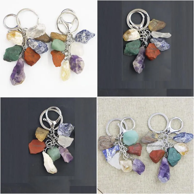 Natural Gravel Stone Set 7 Chakra Key Ring Lobster Clasp Mticolor Yoga Pray Healing Fashion Car Keychain Pendant Jewelry Drop Deliver Dhaoy