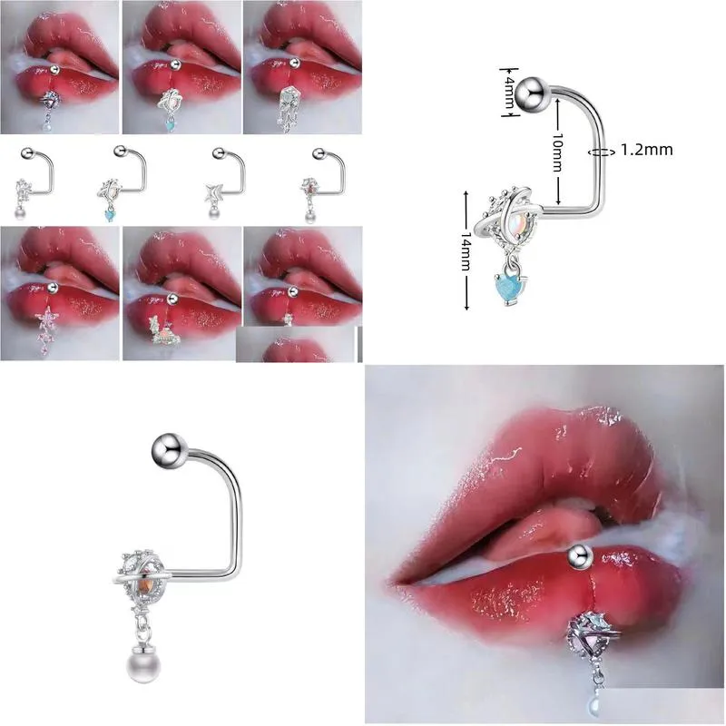D-Shaped Stainless Steel Pink Pendant Lip Ring Stud Sweet Cool Womens Ear Bone Nail Piercing Jewelry Drop Delivery Dhrfy