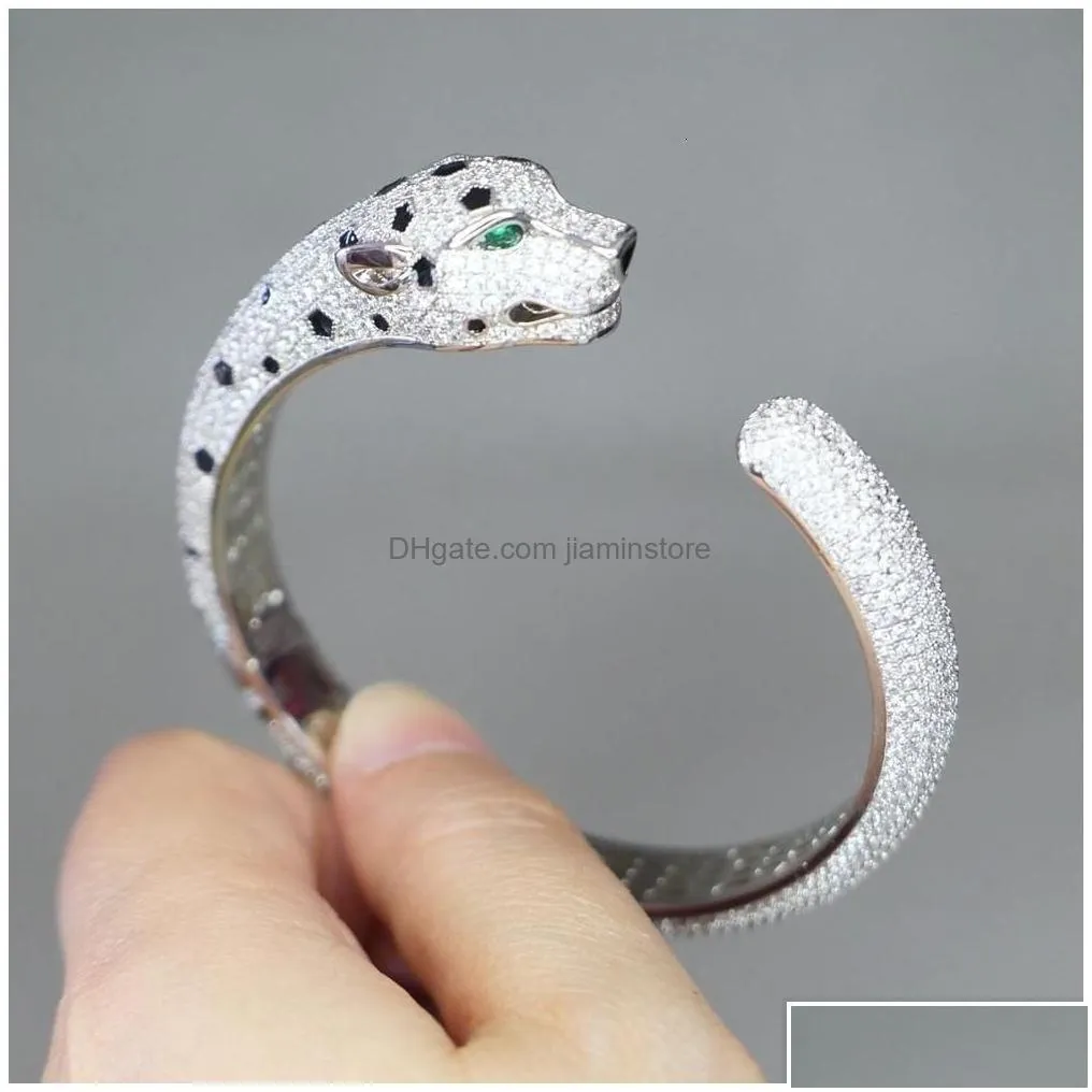 Bangle Black Spot Leopard Cuff Bracelet Fl 3A Cubic Zirconia Stone Paved Animal Panther Designer Copper Jewelry For Women Drop Delive Dh2O6