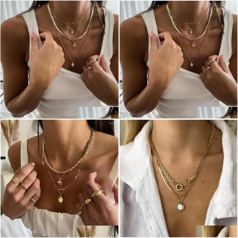 Pendant Necklaces Fashion Vintage Gold Color Geometric Twist Chain Sequin Artificial Pearl Necklace For Women Punk Mti-Level Jewelry Dh1Np