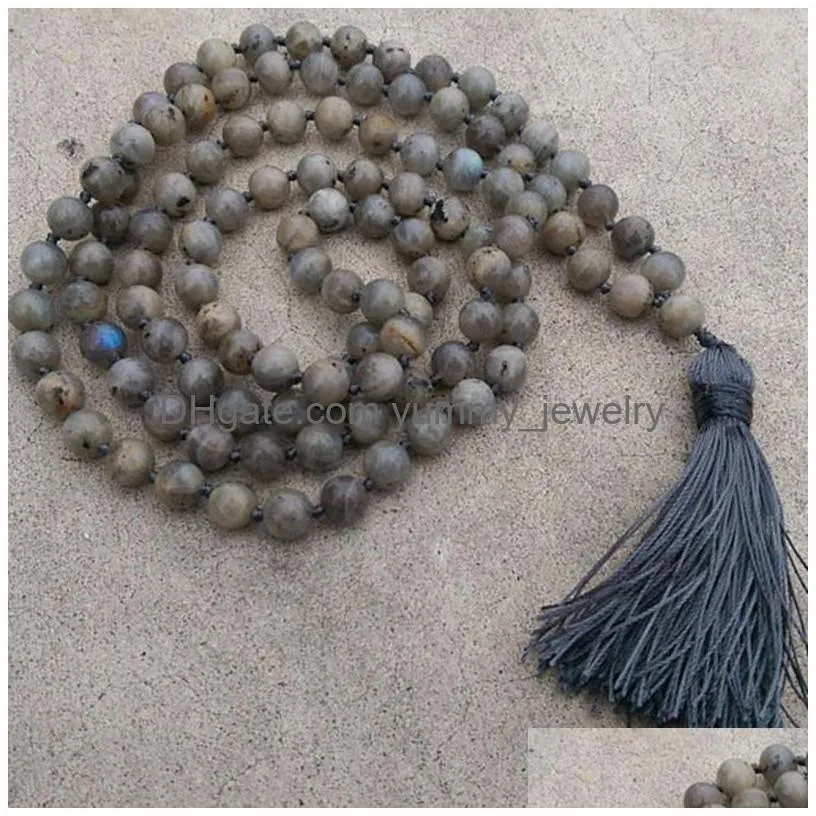 Pendant Necklaces Men Healing Meditation Gift Traditional Hand Knotted 108 Prayer Beads 8Mm Labradorite Stone Grey Tassel Necklace Dr Dhz1A
