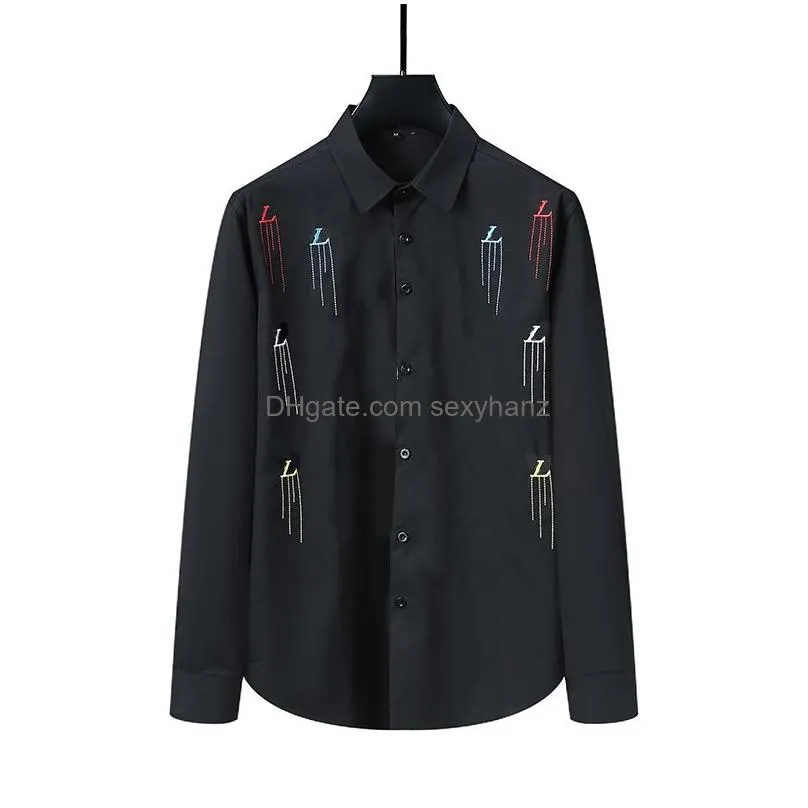 designer luxury mens dress shirts business casual long sleeve embroidery male shirt spring autumn regular fit flex collar stretch wrinkle- solid shirts for