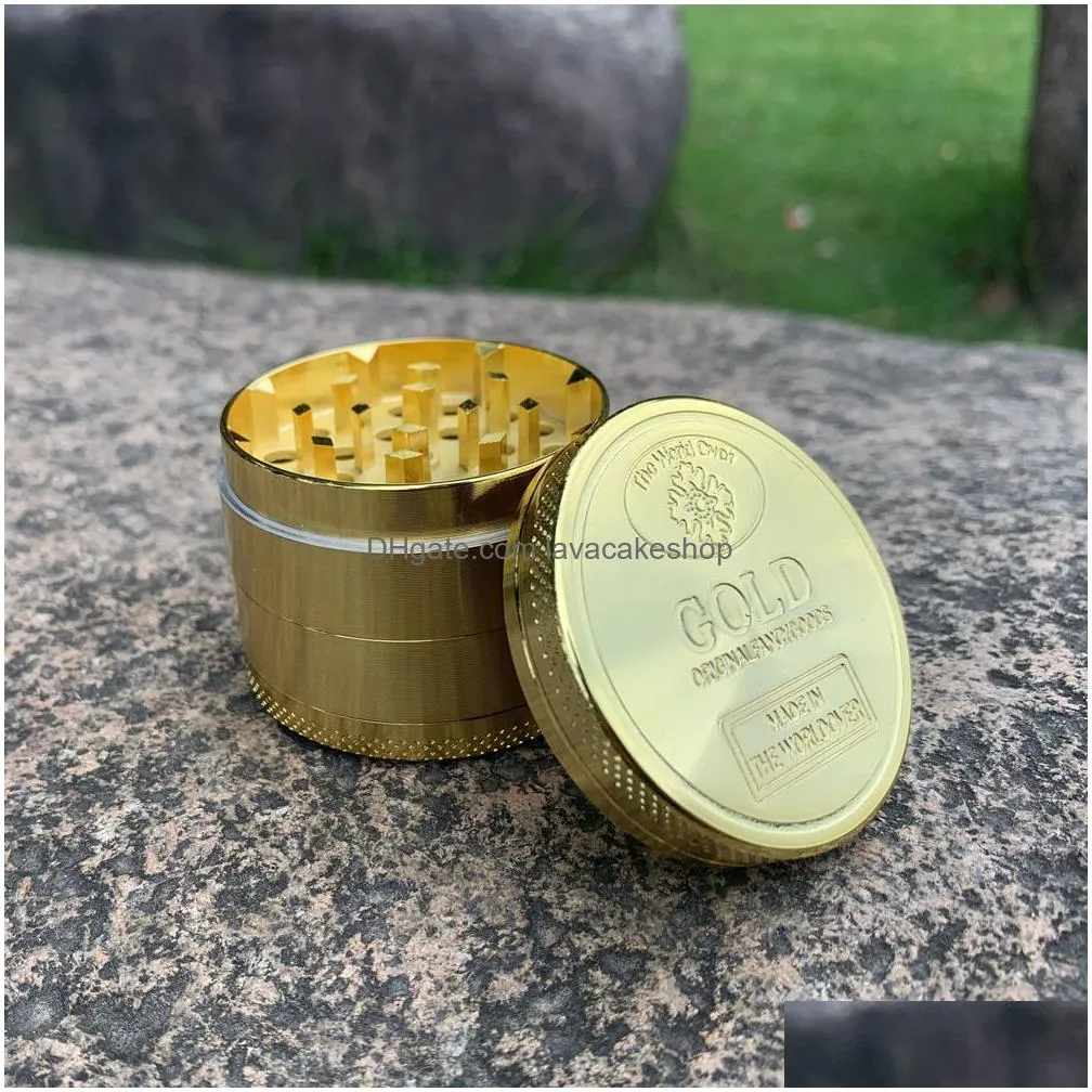 Other Smoking Accessories Gold Grinder Coin Pattern Zinc Alloy Metal Smoke Herb 4 Parts Layers 50Mm Cigarette Tobacco Spice Crusher Sm Dhi4P
