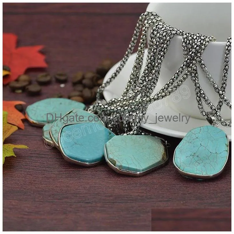 Retro Reiki Ethnic Green Turquoises Pendant Necklaces Vintage Rock Big Size Mineral Choker Chain For Drop Delivery Dhuuk