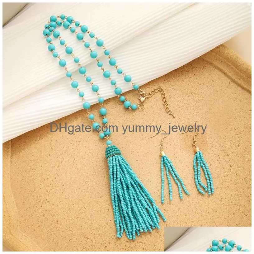 Pendant Necklaces Rice Bead Necklace Originality Fashion Geometry Hand Knitting Bohemia Adjustable Simple Beaded And Earring Set Drop Dhjem