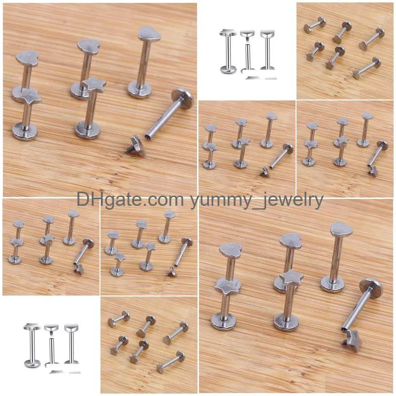 1.2X8Xm 16G Gold Star Heart Internally Threaded Top Gem Labret Lip Piercing Zircon Ring Tragus Earring Drop Delivery Dh2Ch