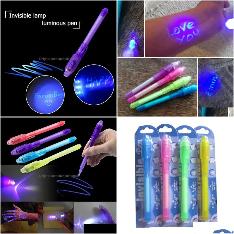 Multi Function Pens Wholesale Light Uv Led Pen Individual Blister Card Pack For Each Black With Tra Violet Lights Invisibles Ink Mti F Dhjxy