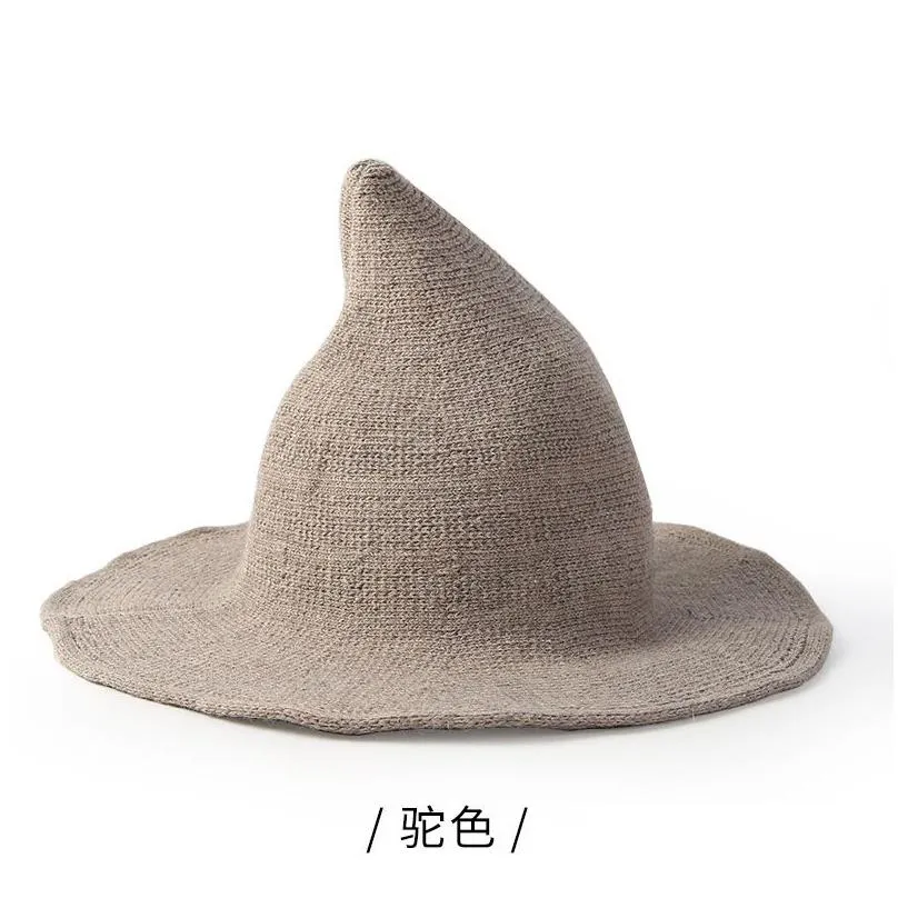 Party Hats Halloween Cosplay Witch Hat Solid Color Wide Brim Wizard Pointy Bucket Cap Winter Warm Faux Wool Knitted Party Masquerade H Dhhlv