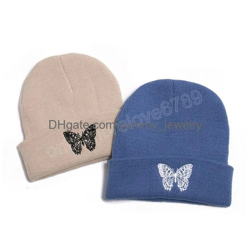 Fashion Knitted Beanies Hat Butterfly Embroidery Hats Autumn Winter Warm Soft Elastic Caps Men Women Outdoor Sport Cap Drop Delivery Dhemz