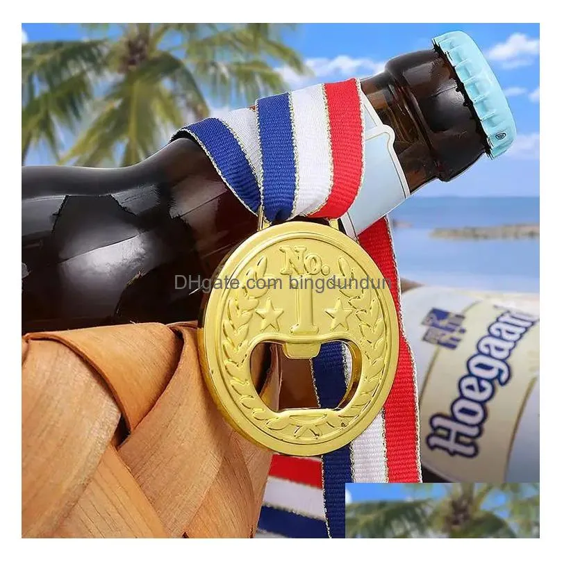 Openers 50Pcs Metal Beer Bottle Opener Medal Stylish Winner Gold Design Wine Soda Glass Cap Kitchen Bar Drop Delivery Home Garden Kitc Dhqol