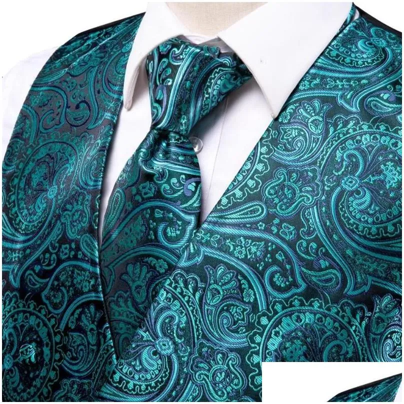 mens vests hi-tie teal green floral paisley silk men slim waistcoat necktie set for suit dress wedding 4pcs vest hanky cufflink