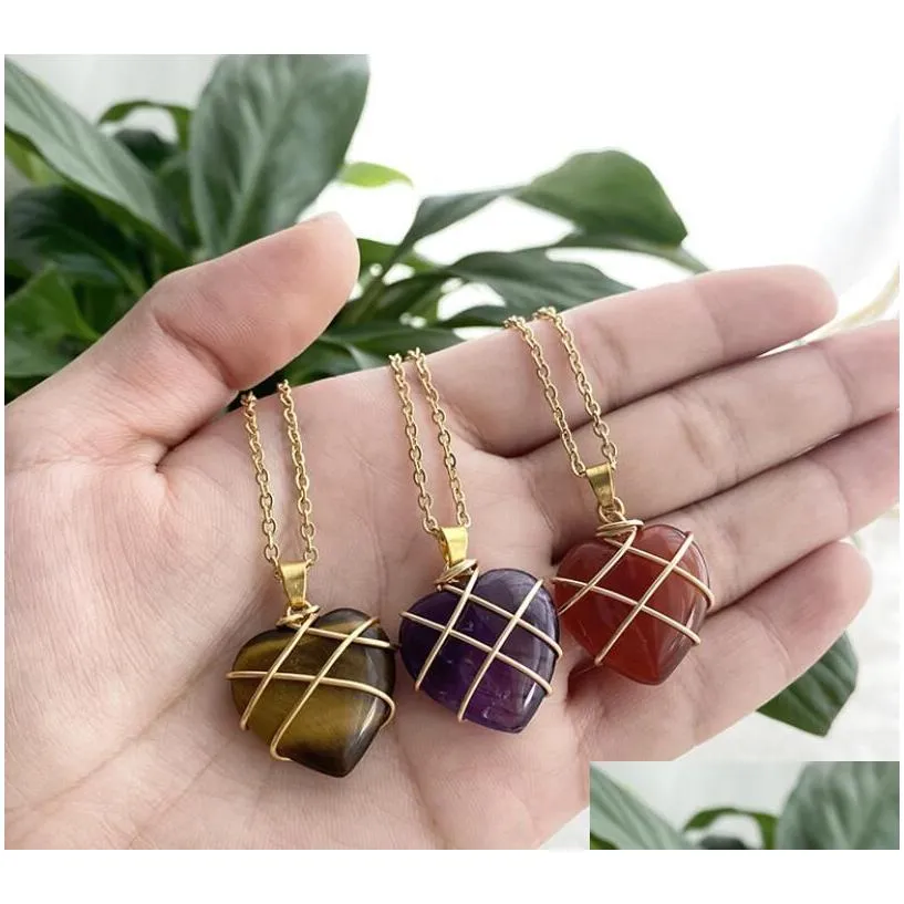 Pendant Necklaces Heart Shaped Natural Stone Wire Wrap Star Pendant Reiki Healing Crystal Tiger Eye Quartz Aventurines Necklace For Wo Dhrdw