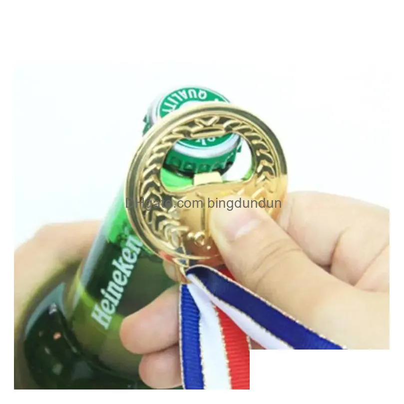 Openers 50Pcs Metal Beer Bottle Opener Medal Stylish Winner Gold Design Wine Soda Glass Cap Kitchen Bar Drop Delivery Home Garden Kitc Dhqol