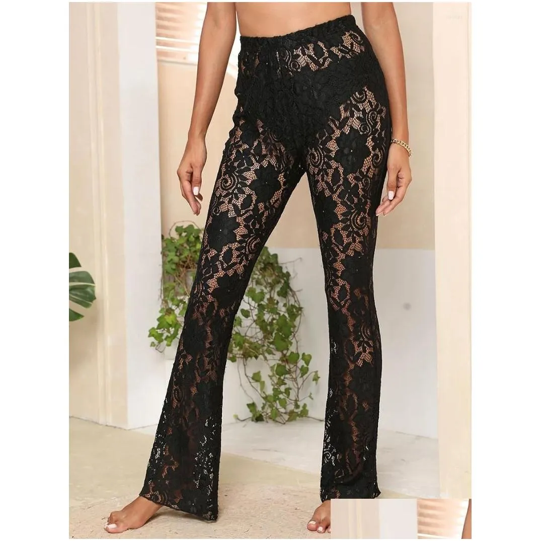 women`s pants women sexy lace see through sheer mesh high waist stretchy slim trouser hollow out skinny flare bell-bottoms