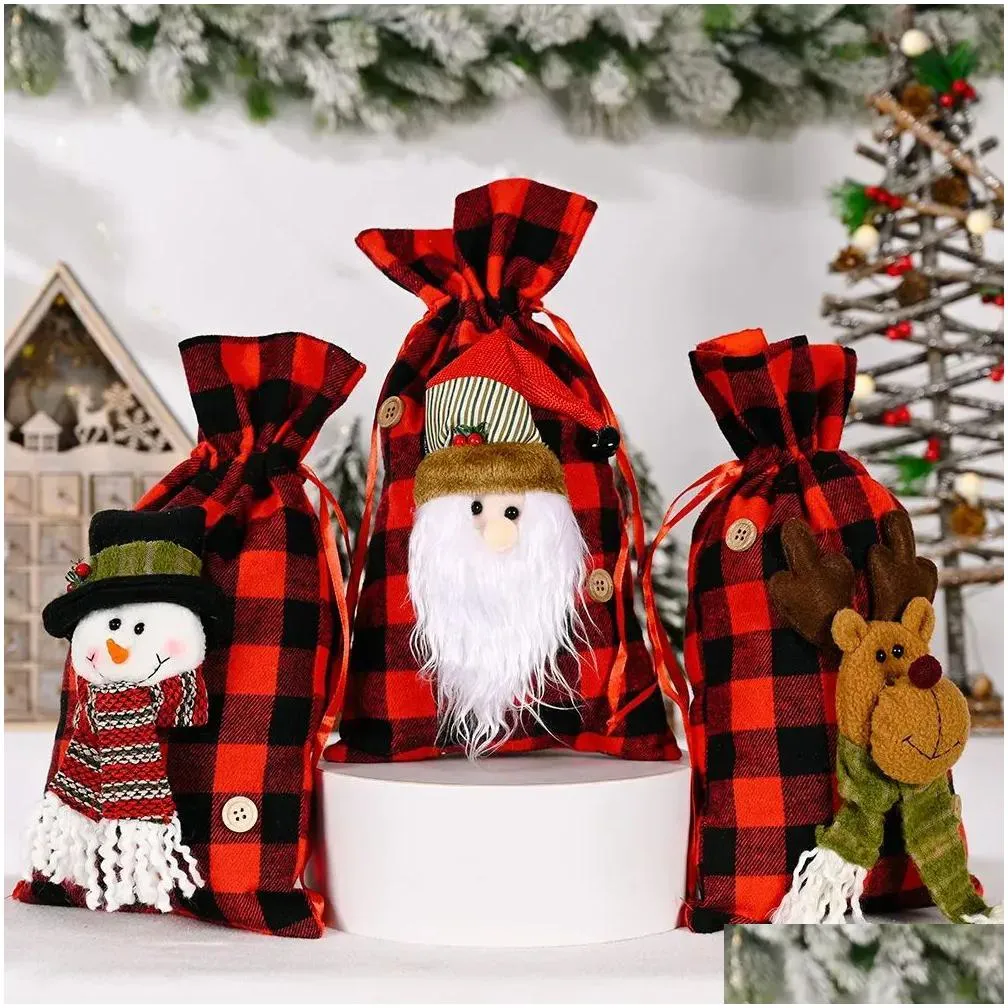 christmas santa sacks  plaid snowman reindeer candy gift xmas treats drawstring bags party supplies