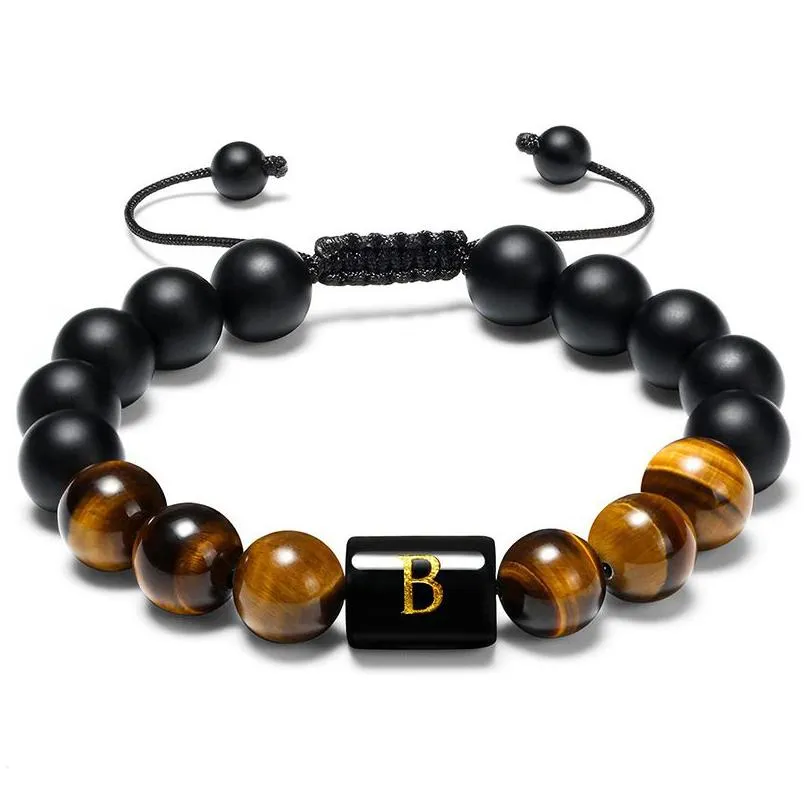 Charm Bracelets Initials Bracelets For Men Letter Link Handmade Natural Black Onyx Tiger Eye Stone Beads Braided Rope Meaningf Bracel Dh07P