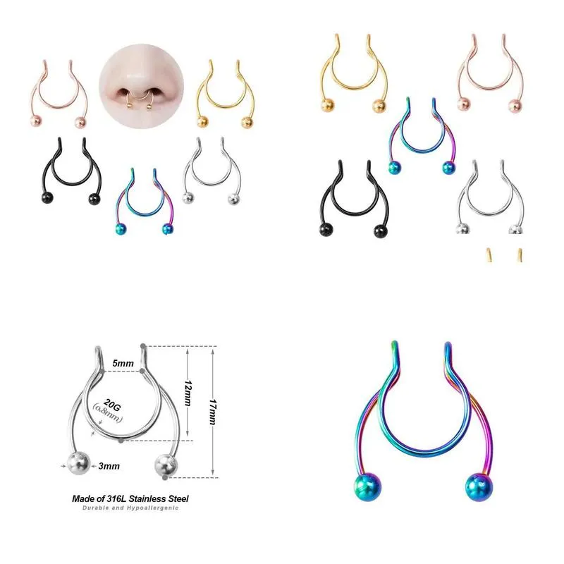 Nose Rings & Studs Nose Ring Fake Septum Piercing Stainless Steel Clip Hoop Rings Gold Stud Y For Women Non Pierced Body Jewelry Whol Dhbyw