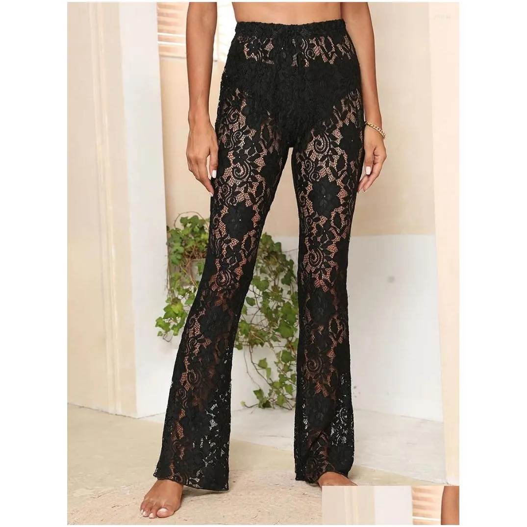 women`s pants women sexy lace see through sheer mesh high waist stretchy slim trouser hollow out skinny flare bell-bottoms