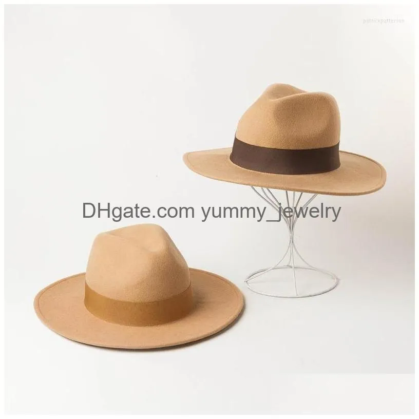 Berets 202210-Hh2025B Autumn Winter Wool Ribbon Fedoras Cap Men Women Jazz Panama Hat Drop Delivery Dhoib