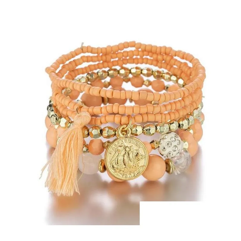 Charm Bracelets Tassel Charm Bracelets Fashion Beauty Head Coin Rice Beads Beaded Bangles Women Gifts Colorf Gold Metal Mti-Layer Ela Dhs9F