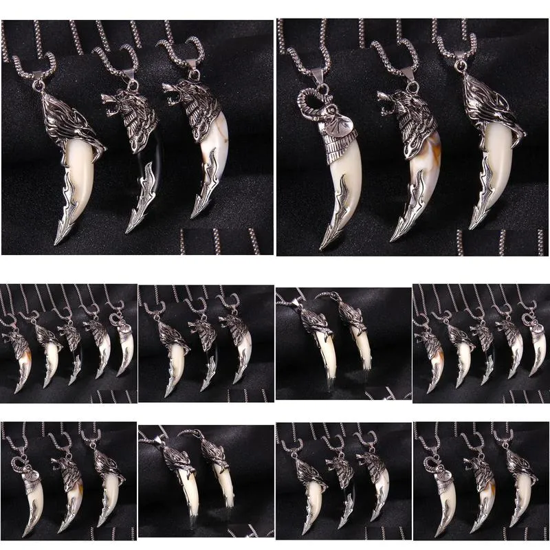 Animal Wolf Tooth Pendent Necklace For Men Long Chain Elephant Dragon Head Necklaces Vintage Jewelry Wholesale Drop Delivery Otq5D