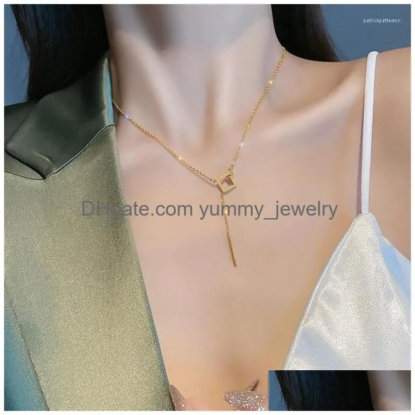 Pendant Necklaces Korean Fashion Temperament Simple Geometric Square Necklace For Women Metal One Word Tassel Chain Jewelry Drop Deli Dham4