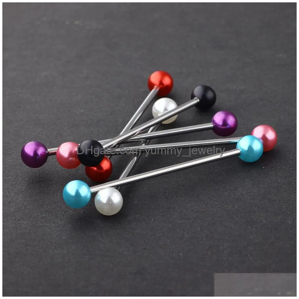 Pearl Acrylic Ball Stainless Steel Industrial Bar Long Straight Barbell Ear Stud Body Jewelry Piercing 100Pcs 14G Drop Delivery Dhmwg