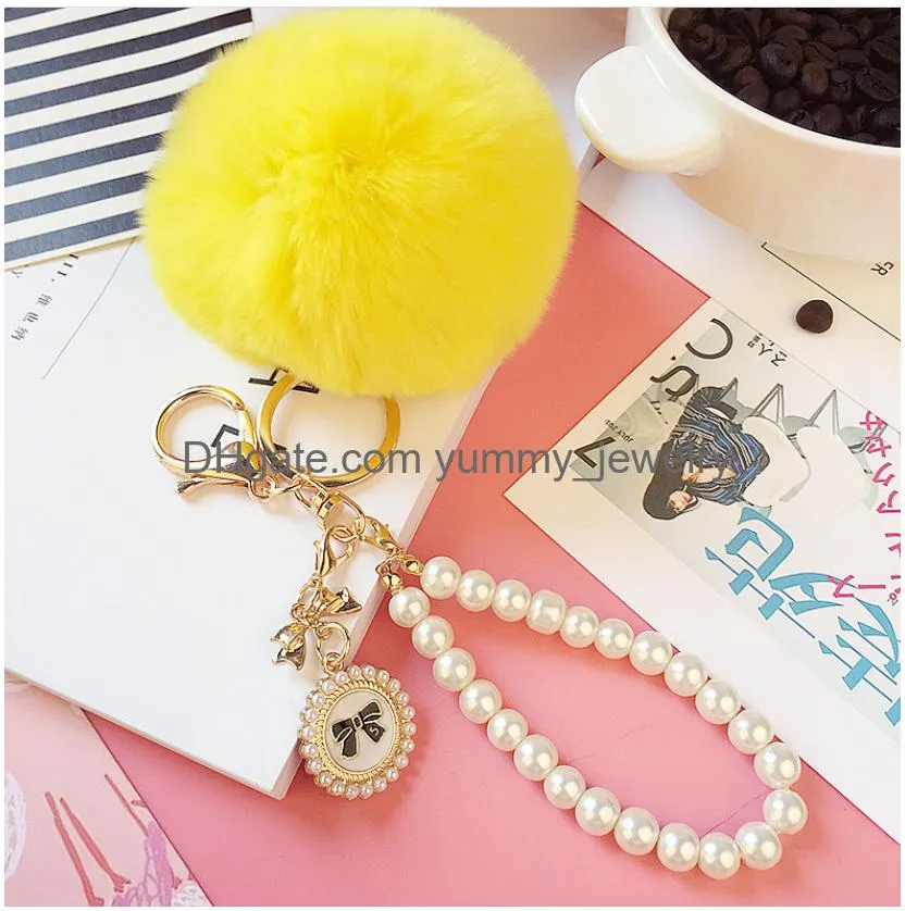 Fashion Pearl Chain Crystal Bow Pompom Keychain Car Women Handbag Key Ring Fluffy Puff Ball Keychains Jewelry Drop Delivery Dhdbs