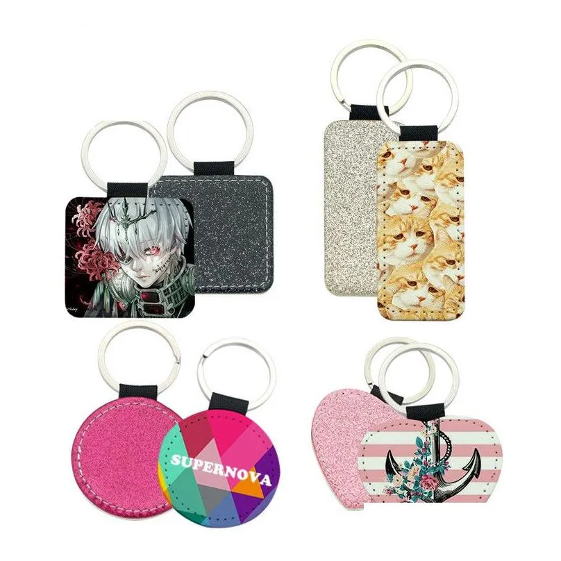 Other Festive & Party Supplies Sublimation Blank Pu Leather Keychains Heart Round Square Rec Key Ring Glitter Transfer Printing Custom Dhpji