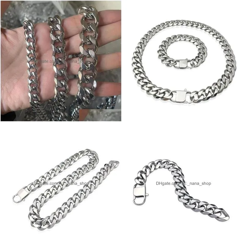 Chains 15Mm Cuban Link Necklaces Polishing Stainless Steel Necklace Bracelets Set For Men Women High Quality Jewelrychains6960845 Dro Dh5V0
