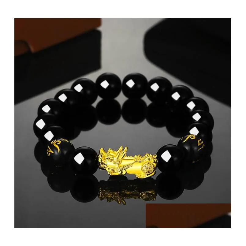 Beaded Good Luck Wealth Beaded Strands Bracelets Black Obsidian Beads Pixiu Bracelet Feng Shui Prosperity Pi Xiu For Men Women Jewelr Dhlwo