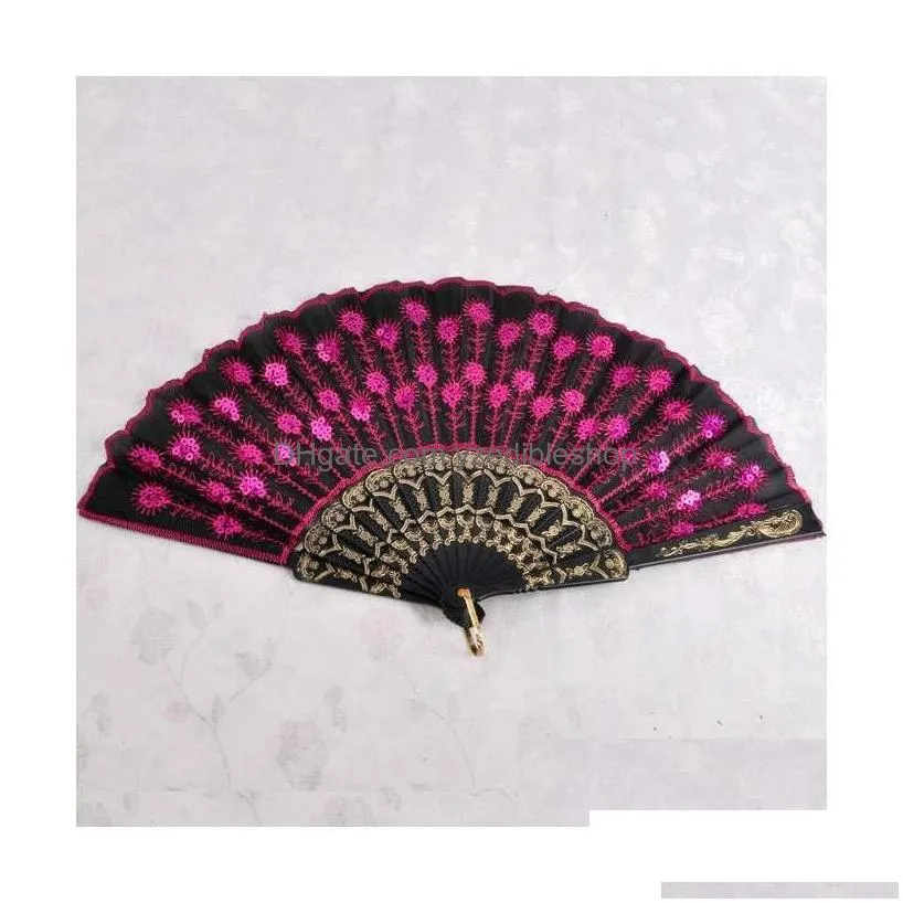 Party Favor Plastic Embroidered Sequins Folding Flower Lace Fan Dance Hand Fans Wedding Decor Dancing Supplies Spanish Style Df5 Drop Dh7Ep