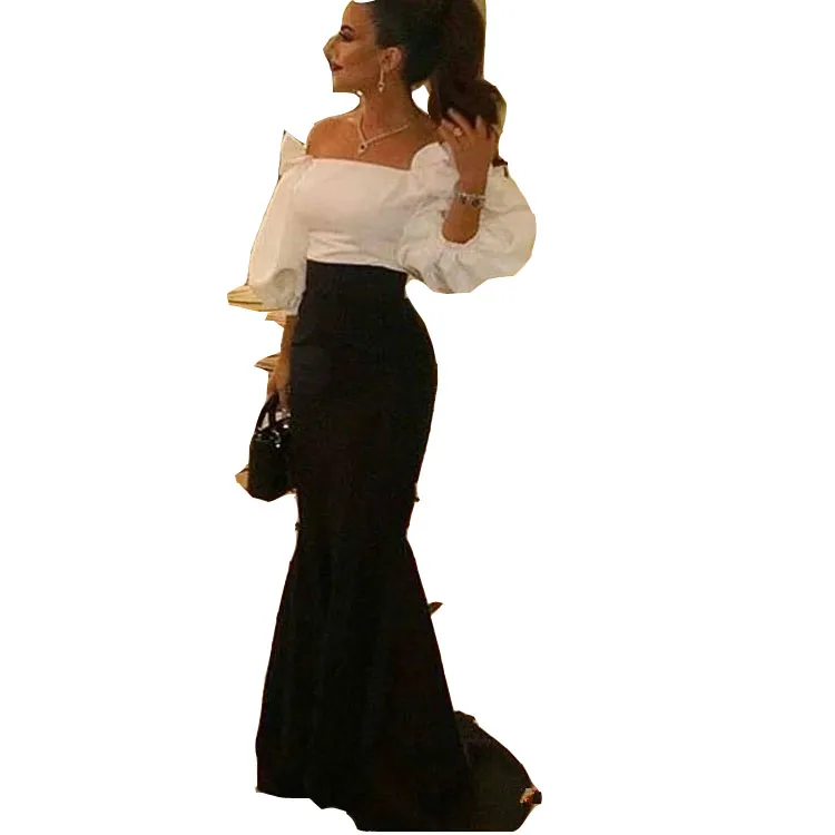 2024 Black And White Evening Dresses Wear Off Shoulder Arabic Mermaid Formal Prom Party Gowns Specical Occasion Dress Half Sleeves