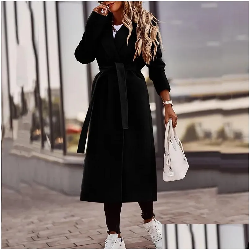 Women`S Jackets Womens Jackets Ol Style Elegant Turn-Down Collar Wool Overcoat Women Solid Long Top Cardigan 2022 Autumn Winter Sleeve Dhrtw