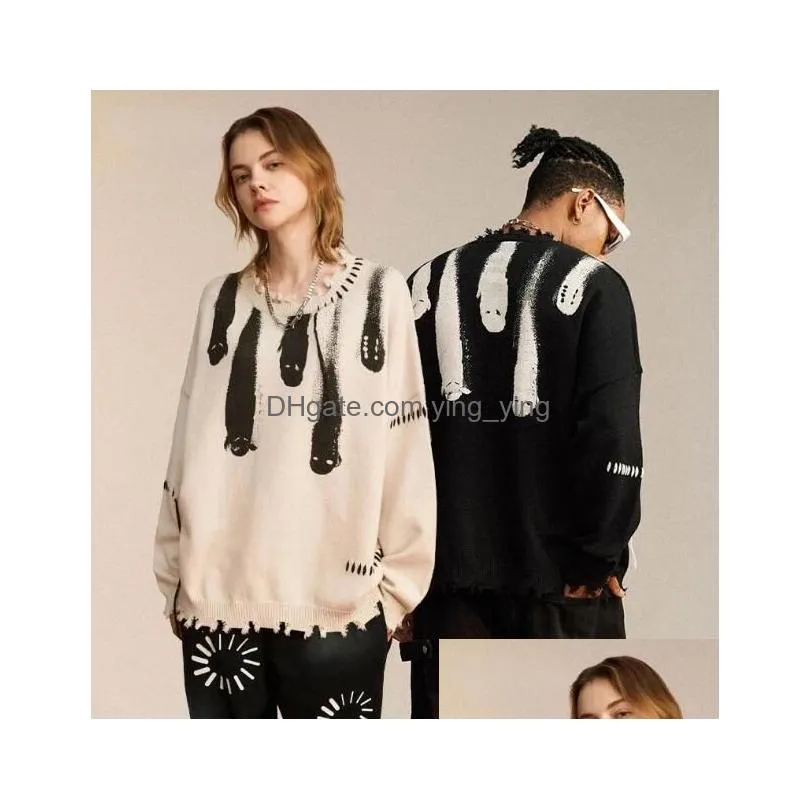 hip hop knitted sweaters men vintage hole streetwear casual o-neck pullover unisex