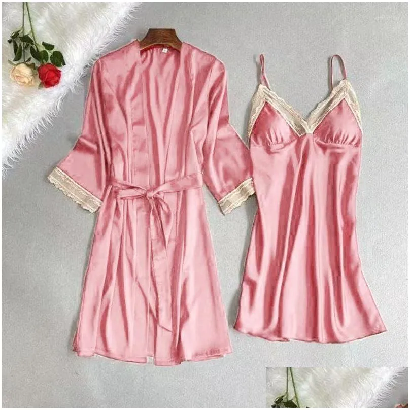 Women`S Sleepwear Womens Sleepwear Bride Wedding 2Pcs Robe Set Y Satin Lace Kimono Gown Suit Lady Summer Thin Loose Simplicity Deep V Ot95P