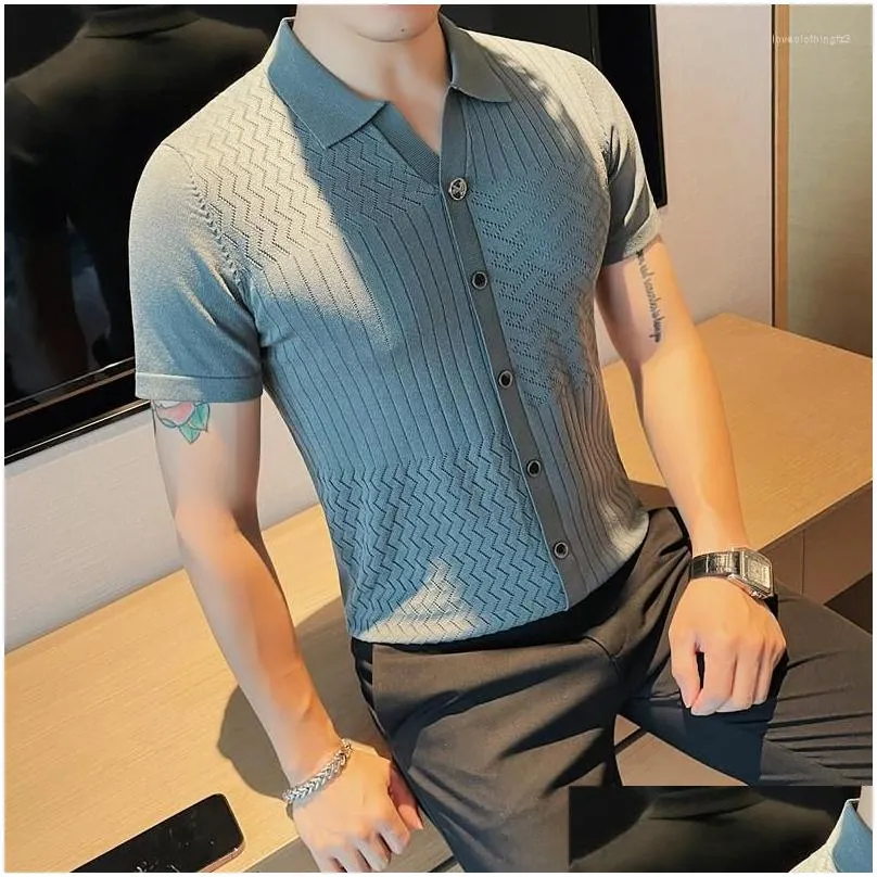 Men`S Polos Mens S Summer Knitted T-Shirt For Men Lapel Short Sleeve Shirts Single Breasted Casual Business Tshirts Slim Fit Cardigan Dhqey