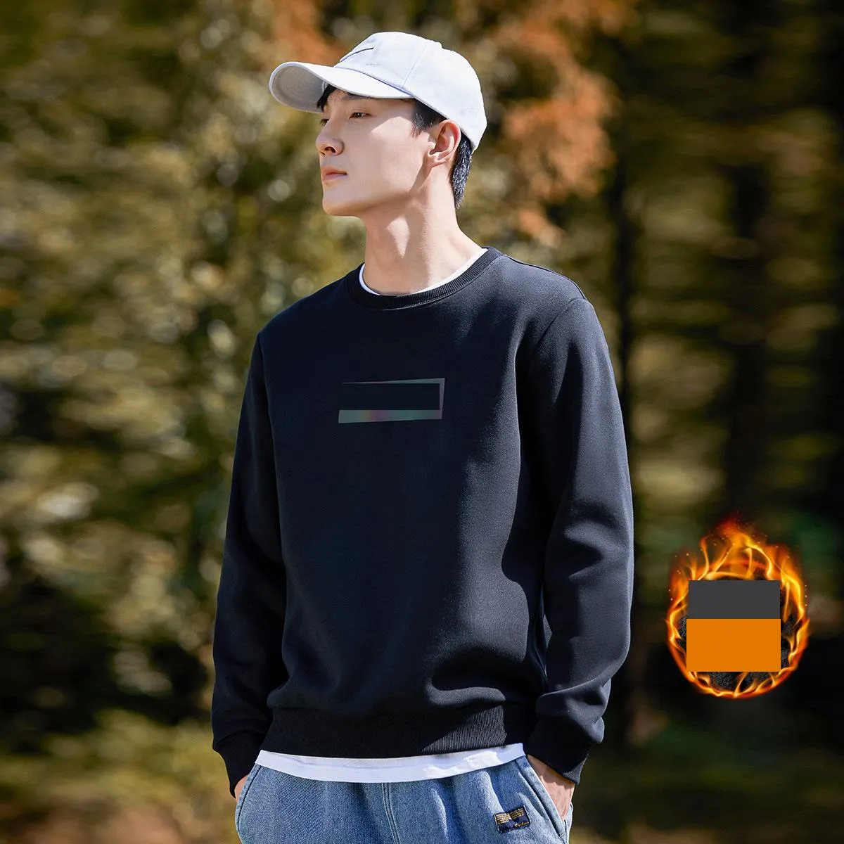 tuolu spring hoodie men casual letter reflective long sleeve surface layer pure cotton plus fleece round neck pullover top