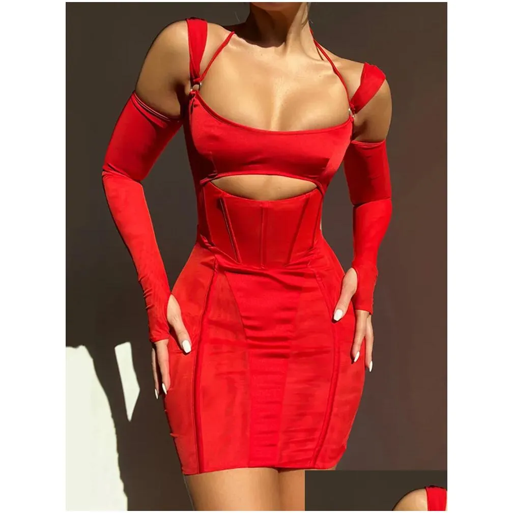 Basic & Casual Dresses Casual Dresses Halter Y Backless Cut Out Mesh Sheer Corset Mini Dress For Women Party Club Slip Bodycon Elegan Dh1Jt