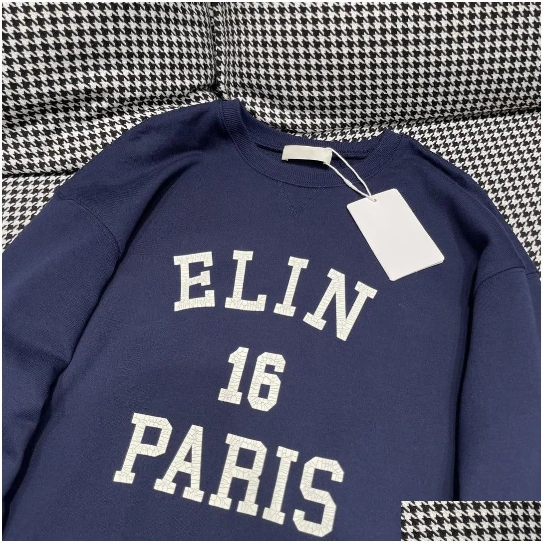 women sweatshirts female clothing 2024 spring summer new leisure sports style navy blue digital printed round neck loose long sleeved